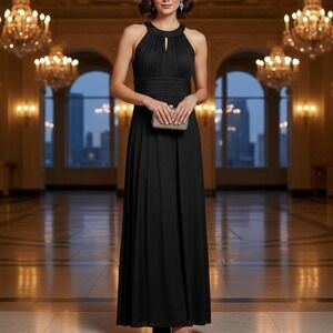SLNY $139 Size 16 Black Ruched Bust Waist Sleeveless Maxi Formal Satin Dress